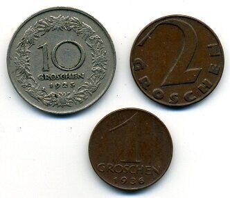 Австрия, монеты 1, 2, 10 грош 1936, 1927, 1925 гг