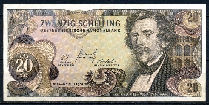Австрия, Банкнота 20 шиллингов 1967г. Немецкий географ Карл Риттер