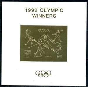 Олимпиада зимняя Альбервиль '92, тиснение фольгой золото, блок, Гайана 1993 г.