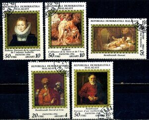 Картины Рембрандта, Рубенса, Эрмитаж, искусство, серия 5 марок, Мадагаскар 1986 г.
