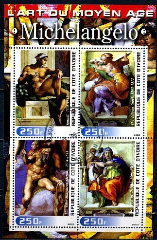 Микеланджело Буонарроти, итальянский скульптор, художник, архитектор, малый лист, гаш.,  Кот-д'Ивуар 2003 г.